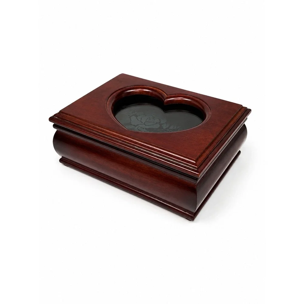 Vintage Style Cherry Wood Jewelry Box Heart Etched Rose Glass Lid Green Velvet